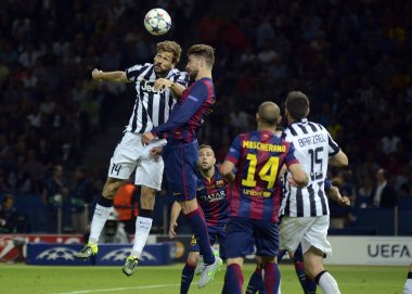 BERLIN, GERMANY - 6 Haziran 2015: Olympiastadion 'da Juventus Torino ve FC Barcelona arasında oynanan 2014 / 15 UEFA Şampiyonlar Ligi Finali sırasında çekilmiştir..