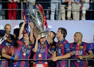 BERLIN, GERMANY - 6 Haziran 2015: Olympiastadion 'da Juventus Torino ve FC Barcelona arasında oynanan 2014 / 15 UEFA Şampiyonlar Ligi Finali sırasında çekilmiştir..