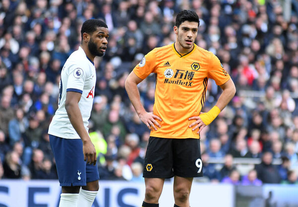 LONDON, ENGLAND - MArch 1, 2020: Japhet Tanganga of Tottenham and Raul Jimenez of Wolverhampton pictured during the 2020/21 Premier League game between Tottenham Hotspur FC and Wolverhampton FC at Tottenham Hotspur Stadium.