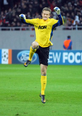 BUCHAREST, ROMANIA - 18 Ekim 2011: Birleşik Ander Lindegaard, UEFA Şampiyonlar Ligi C Grubu 'nda Hotel Galati ve Manchester United arasında National Arena' da oynanan C Grubu maçında atılan golü kutluyor.