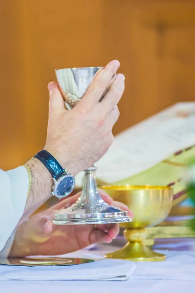 Church Wine Becomes Blood Christ Host Becomes Body Christ — Stock Photo, Image