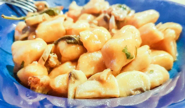 Πιάτο Gnocchi Πατάτας Λουκάνικο Και Σάλτσα Μανιταριών Τυπικό Ιταλικό Φαγητό — Φωτογραφία Αρχείου