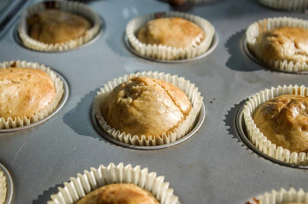 Ranní Slunce Osvětluje Malé Krémové Čokoládové Muffiny Horké Pářící Čerstvě — Stock fotografie