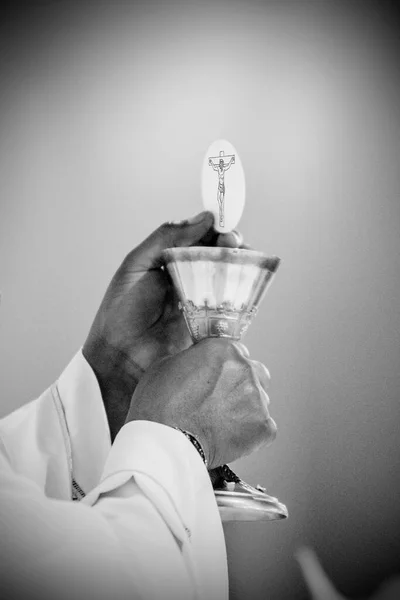 Pão Torna Corpo Cristo Nas Mãos Papa Santo Pai Vinho — Fotografia de Stock