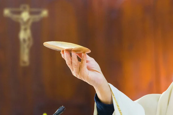 Pão Torna Corpo Cristo Nas Mãos Papa Santo Pai — Fotografia de Stock
