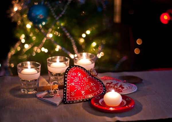 Hearts , decorations and christmas lights — Stock Photo, Image