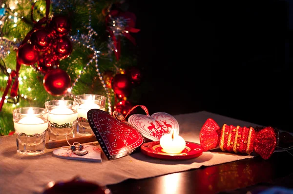 Hearts , decorations and christmas lights — Stock Photo, Image