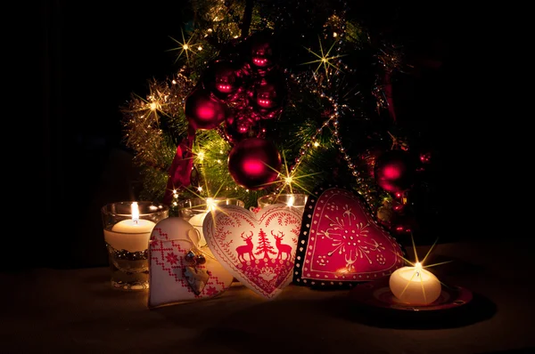 Hearts , decorations and christmas lights, merry christmas — Stock Photo, Image