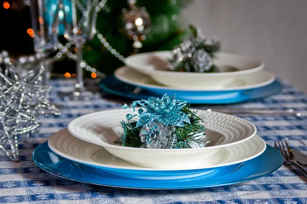 Table set for christmas dinner with decoration blue and silver — Stock Photo, Image