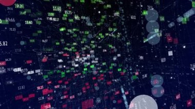 İş ve yatırım ticareti geçmişi için çalışan yeşil ve kırmızı sayılara sahip modern veri şebekesi