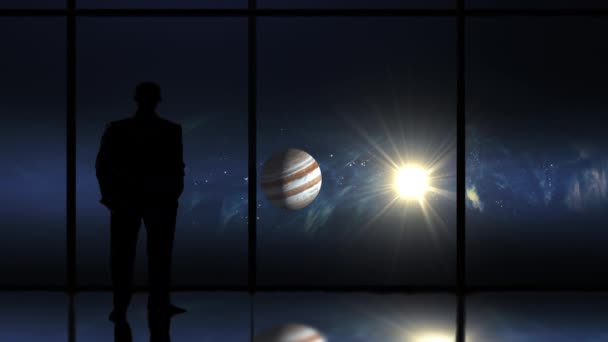 Güneş Sistemi Dünya Gezegenine Pencereden Bakan Adam — Stok video