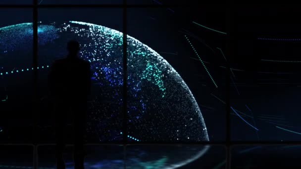 Silhouette Homme Fenêtre Regardant Une Planète Numérique Terre Depuis Espace — Video