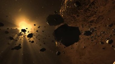 Uzayda göktaşları. Bilgisayar, asteroit kuşağının gezegen ve parlak güneş ışığıyla çekilmiş görüntülerini oluşturdu.