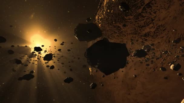 太空中的小行星以行星和明亮的阳光为背景的小行星带的计算机生成镜头 — 图库视频影像