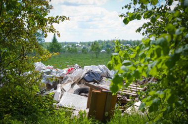 Rus ormanında ilkbahar. Çevre kirliliği. Ormanın yakınındaki çöplükte çöp..