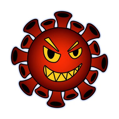 Çizgi film koronavirüsü. Dişli gülüşlü kırmızı parçacık..