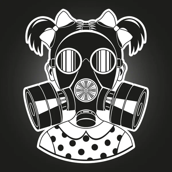 Liten Flicka Med Gasmask Monokrom Vektor Illustration — Stock vektor