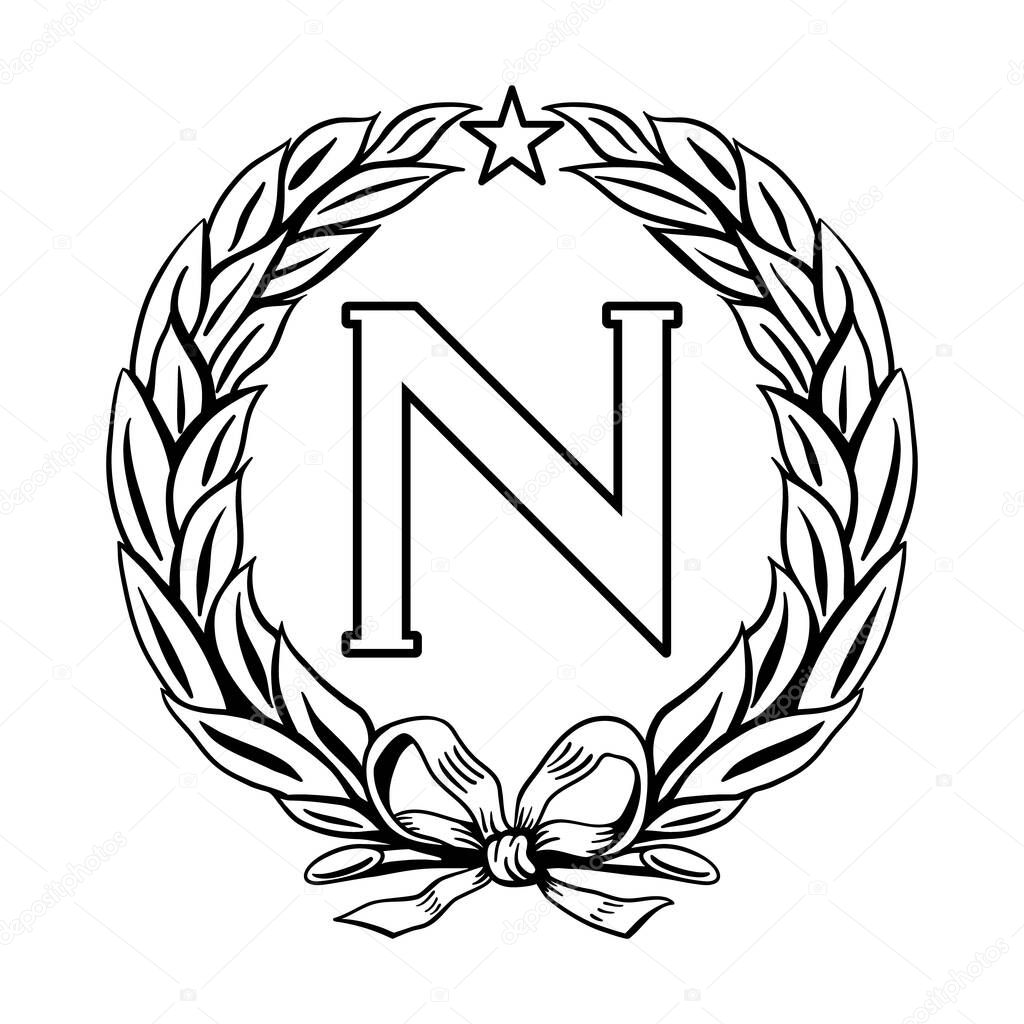 Laurel wreath, Napoleon Bonaparte (N) with a five-pointed star. Vector illustration.