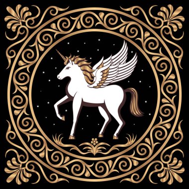 Altın antika çerçeveli güzel kanatlı tek boynuzlu at. Sanat deco dekoru.
