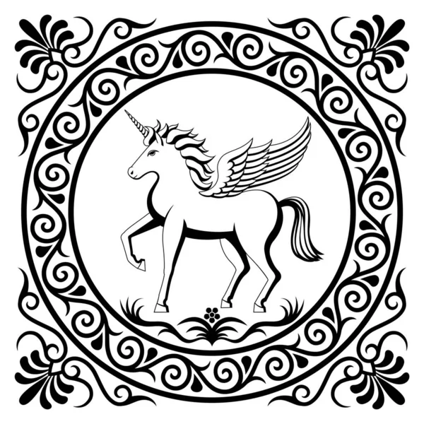 Antique Frame Unicorn White Background Vintage Vector Card — Stock Vector