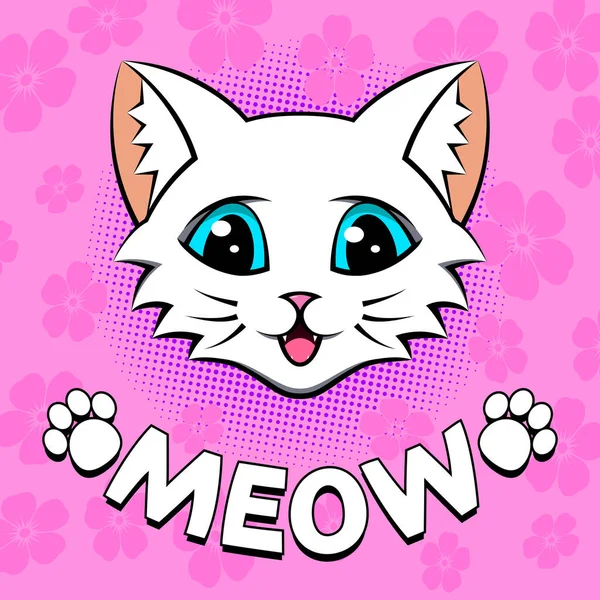 Head White Kitty Paws Inscription Meow Pink Background — Stock Vector