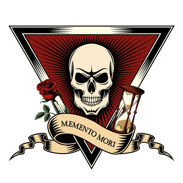 Memento Mori Méfiez Vous Mort Crâne Triangle Rose Sablier Imprimé — Image vectorielle