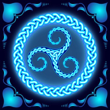 Triskelion. Eski pagan deseni, dairesel süs, neon ışığı..