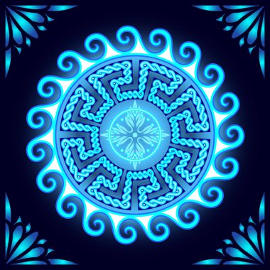 Eski pagan deseni, dairesel süs, neon ışığı..