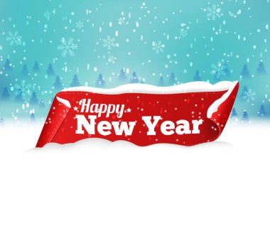 Kış kırmızısı, kar arka planında kurdele pankartı. Karda indirim etiketi. Mağaza için mutlu yeni yıl etiketleri. Gerçekçi kumaş afişi. Stok vektör illüstrasyonu.