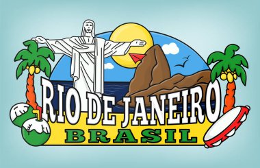 Rio de Janeiro metniyle vektör illüstrasyonu. Üzerinde Brezilya sembolleri olan bir etiket. Parlak tişört izi. Stok illüstrasyonu.