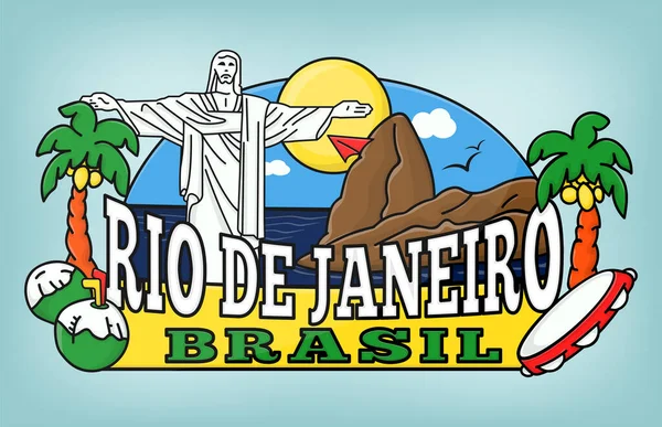 Ilustración Vectorial Con Texto Río Janeiro Pegatina Con Símbolos Brasil — Vector de stock