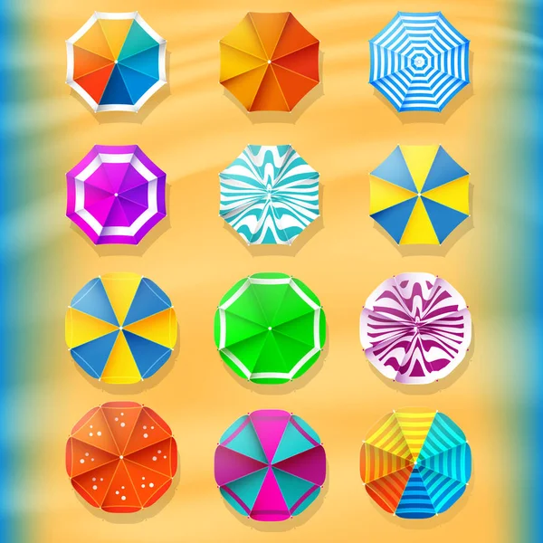 Yaz şemsiyeleri koleksiyonu. Plaj şemsiyeleri üst görüntü simgeleri. Seyahat acentası tasarım elemanları. Stok vektör illüstrasyonu.