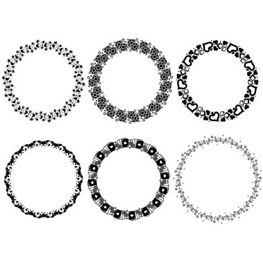 Beyaz arka planda bir dizi vektör yuvarlak çerçevesi. Eski tasarım elementleri. Retro sınır desen koleksiyonu izole edildi.