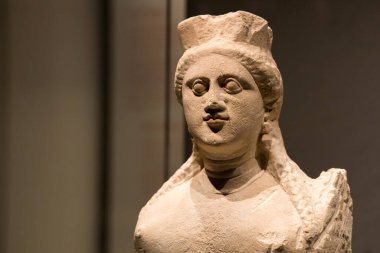 Leiden, Hollanda - JAN 04, 2020: Eski Kıbrıs Rum kökenli antik taş Sfenks heykelinin yakın çekimi.