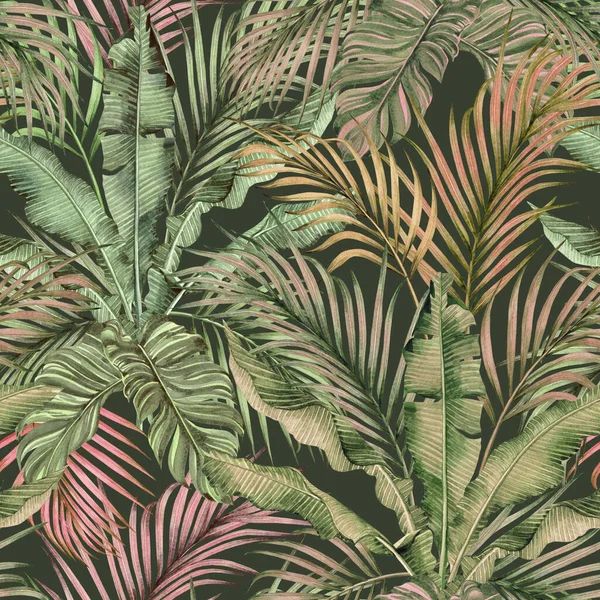 水彩画色彩艳丽的热带绿色 粉色叶子无缝图案背景 水彩画图解热带奇异叶色墙纸 夏威夷罗哈岛纺织品夏装风格 — 图库照片