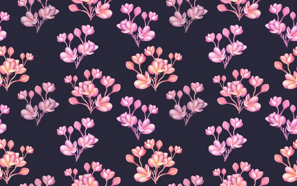 Aquarell Malerei Rosa Bunt Blühende Blumen Nahtlose Muster Auf Dunklem — Stockfoto