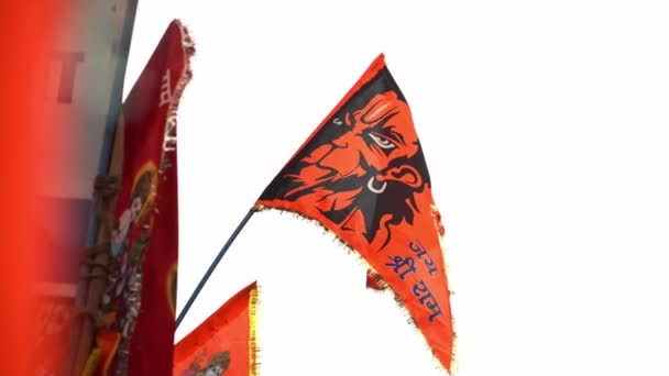 Drapeaux de couleur orange avec le visage du Seigneur Hanuman représentant Santana Dharma et l'hindouisme agitant dans l'air à Ayodhya, Uttar Pradesh, Inde — Video