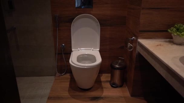 Μοντέρνο μινιμαλιστικό μπάνιο μέσα σε ένα σύγχρονο δωμάτιο ξενοδοχείου - tilt-up shot — Αρχείο Βίντεο