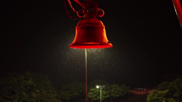 Enjambre de insectos volando alrededor de una colorida campana brillante en una noche lluviosa - de cerca — Vídeos de Stock