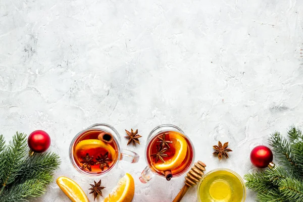 Christmas mulled wine - holiday background with fir branches and spices