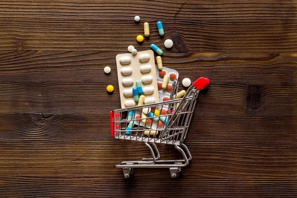 Online pharmacy shopping concept. Basket with pills and medicine