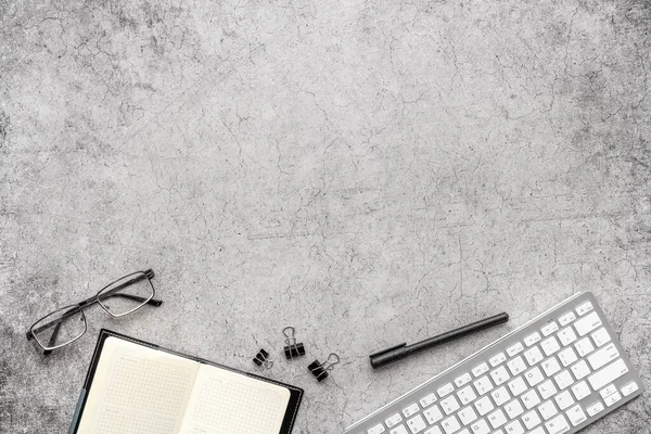 Perfectionist workplace. Flat lay desktop with keyboard and office supplies