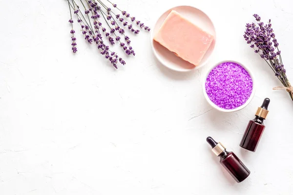 Flat lay of spa lavender treatments - cosmetic pharmacy products