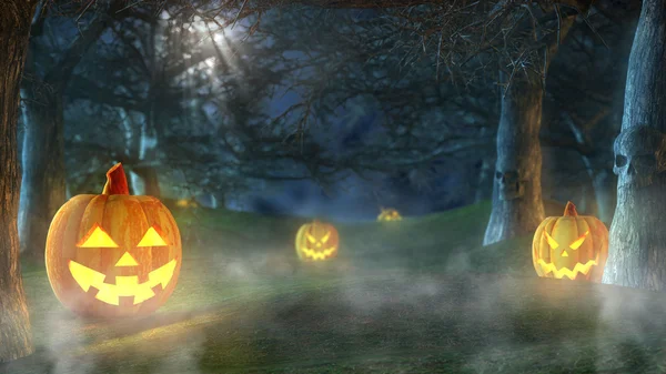 Halloween-Design - Waldkürbisse. Horrorhintergrund mit herbstlichem Tal mit Wäldern, gespenstischem Baum, Kürbissen. Platz für Ihren Text zum Halloween-Urlaub. — Stockfoto