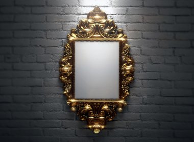 Vintage altın çerçeve beyaz gri tuğla duvar