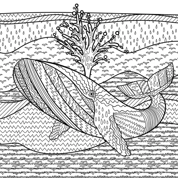Ballena jorobada dibujada a mano en las olas . — Archivo Imágenes Vectoriales