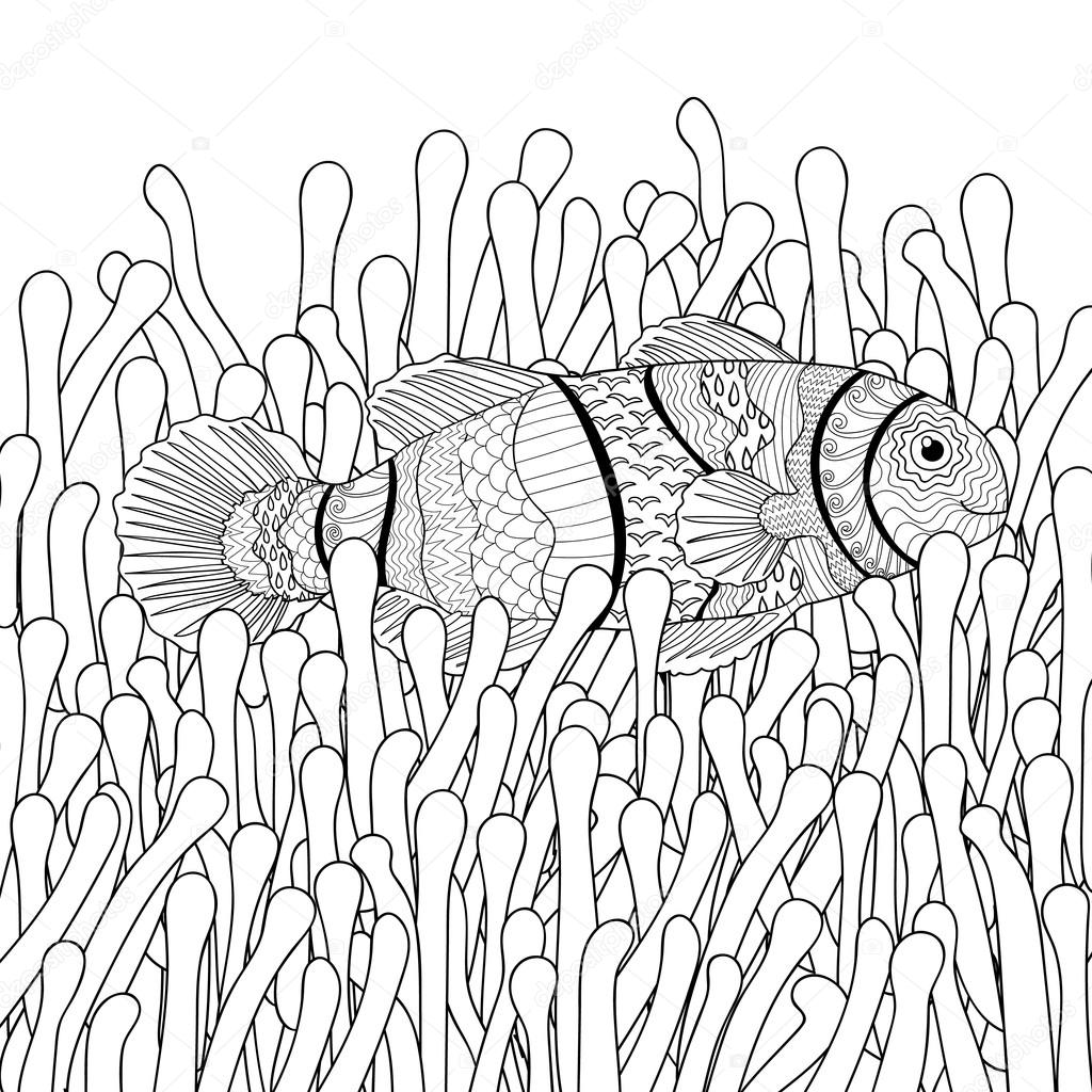 Pesce pagliaccio in anemoni di mare con dettagli elevati Pagina da colorare di antistress adulto Disegnato a mano bianco nero doodle animale oceanico