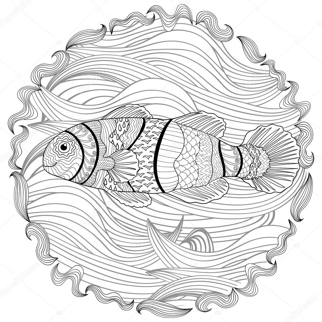 Pesce pagliaccio con dettagli elevati Pagina da colorare di antistress adulto Disegnato a mano bianco nero doodle animale oceanico