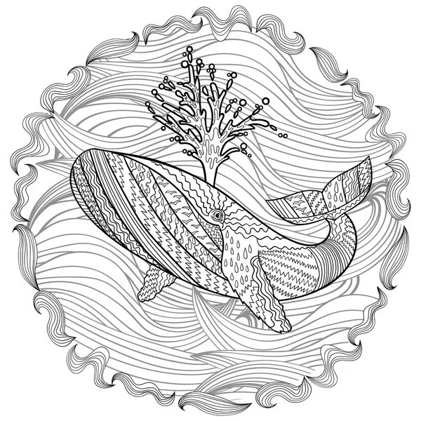 Handgezeichneter Buckelwal in den Wellen. — Stockvektor