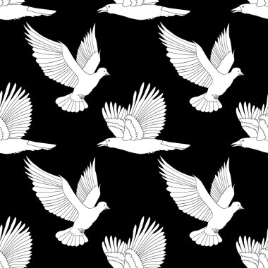 Seamless pattern with flying raven and dove.